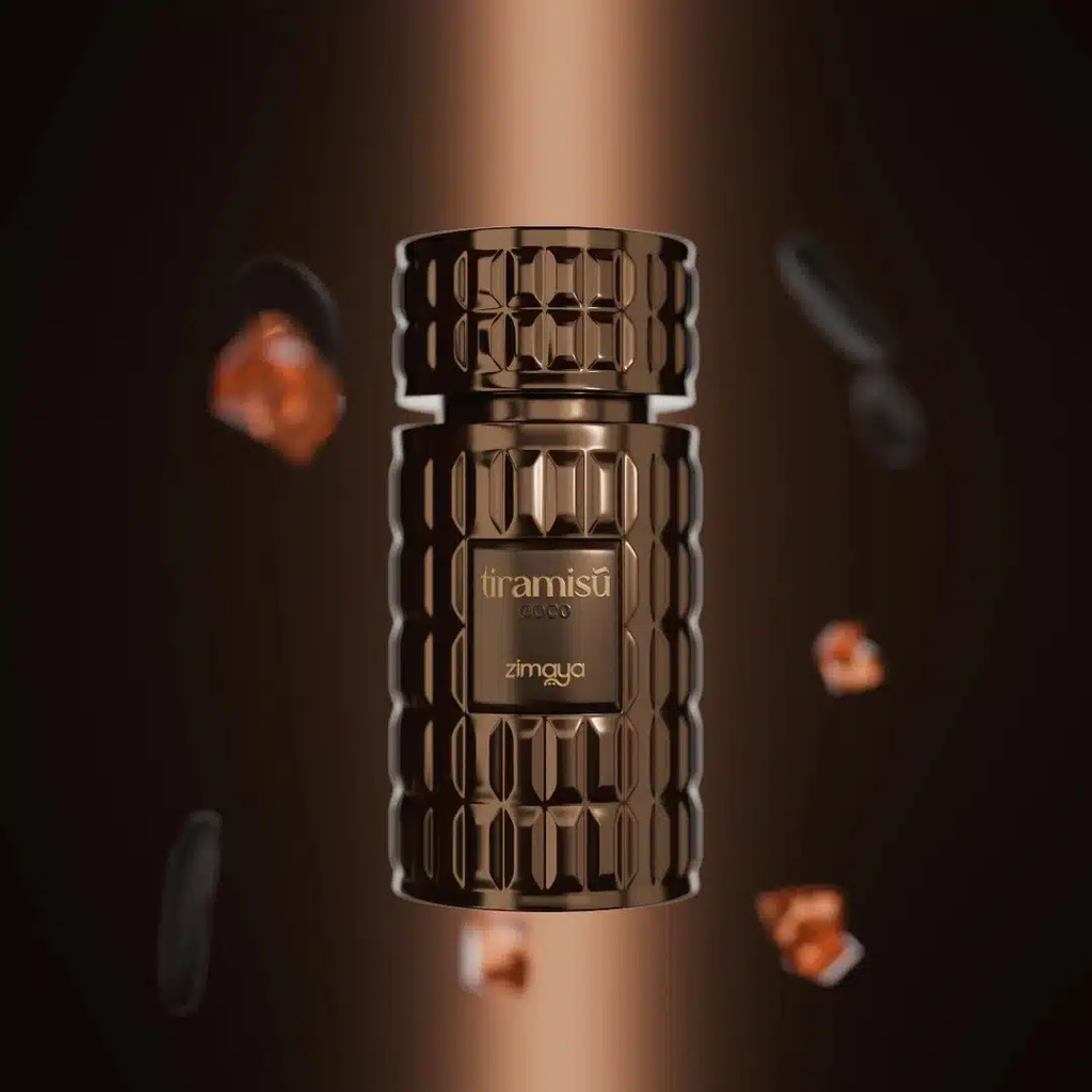 Perfume bottle with textured design and visible brand name on a dark background. Tiramisu Coco by Zimaya Womens Perfume