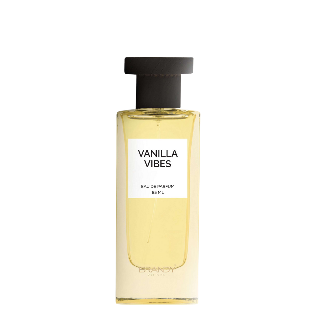 Vanilla Vibes Eau de Parfum 85ml by Brandy Designs – minimalist yellow fragrance bottle with dark wood-style cap. 