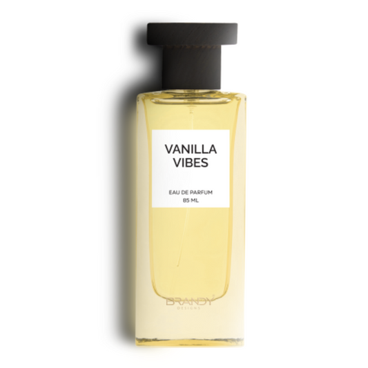 Vanilla Vibes Eau de Parfum 85ml by Brandy Designs – minimalist yellow fragrance bottle with dark wood-style cap. Clone / dupe of / inspired by Kayali - Vanilla Royale Sugared Patchouli.