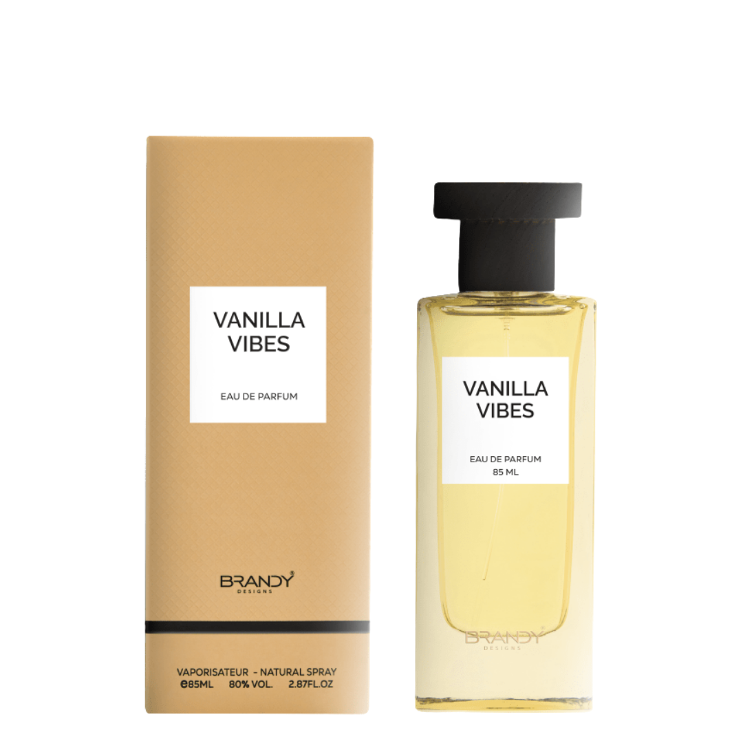 Brandy Designs Vanilla Vibes Eau de Parfum 85ml – elegant unisex perfume in soft yellow bottle with matching box. 