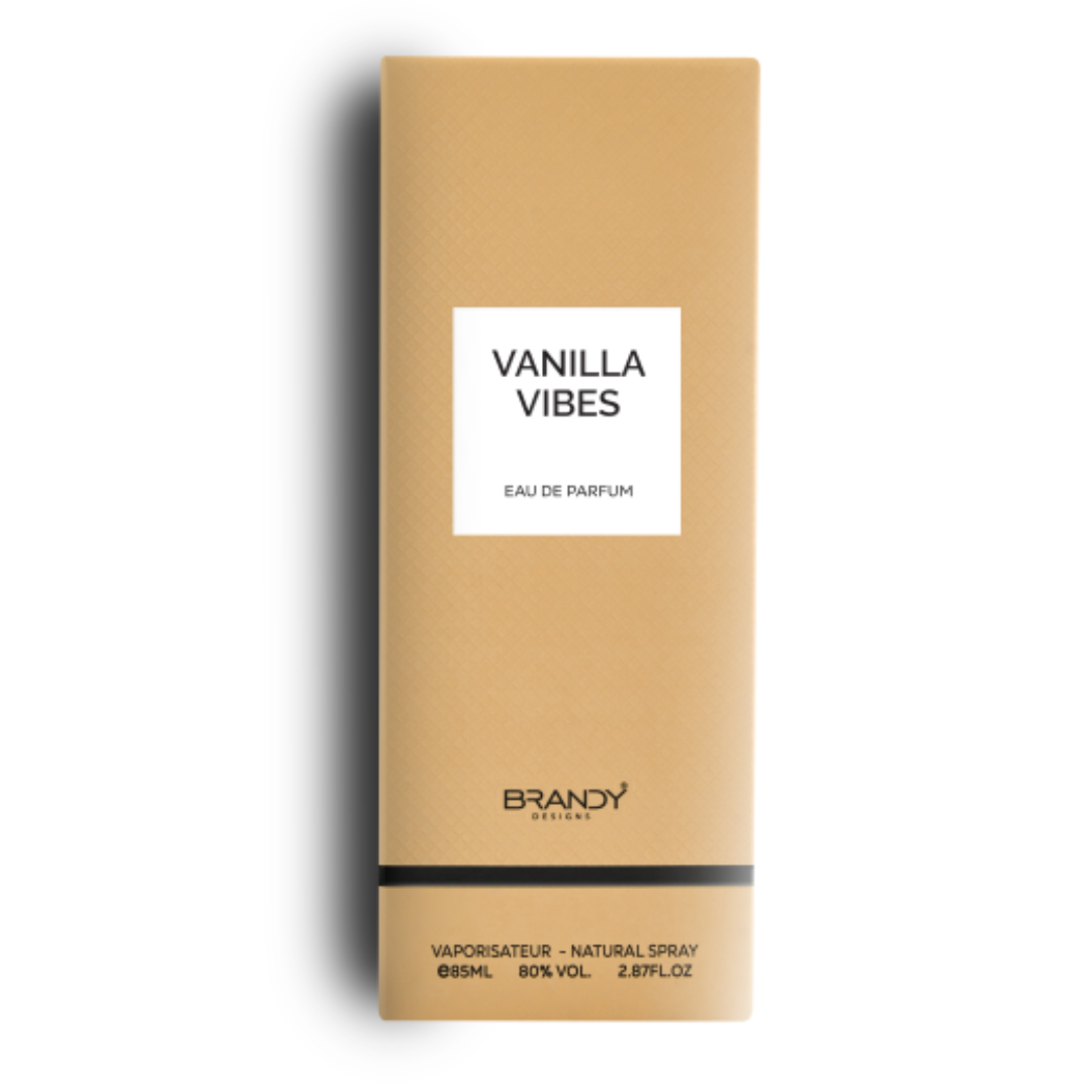 Vanilla Vibes by Brandy Designs – 85ml Eau de Parfum in beige gold packaging with modern minimalist branding. 