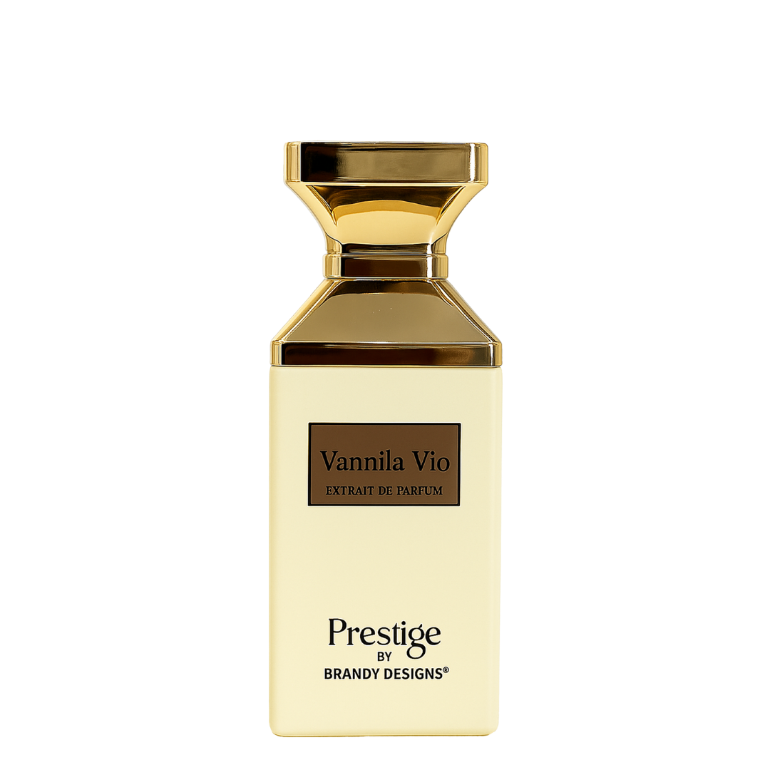 Gold and beige perfume bottle labeled 'Vannila Vio' by Prestige by Brandy Designs on a white background