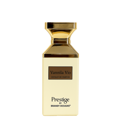 Gold and beige perfume bottle labeled 'Vannila Vio' by Prestige by Brandy Designs on a white background