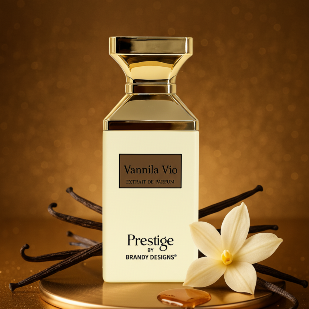 Perfume bottle labeled 'Vannila Vio' by Prestige with vanilla beans and a flower on a brown background