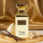 Perfume bottle labeled 'Vannila Vio' by Prestige on a gold fabric background with vanilla beans and flowers.