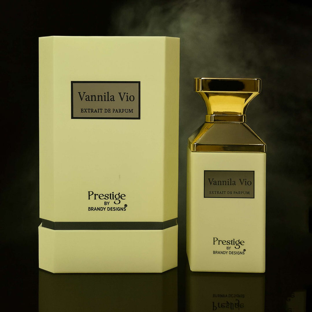 Vannila Vio perfume bottle and packaging on a dark background