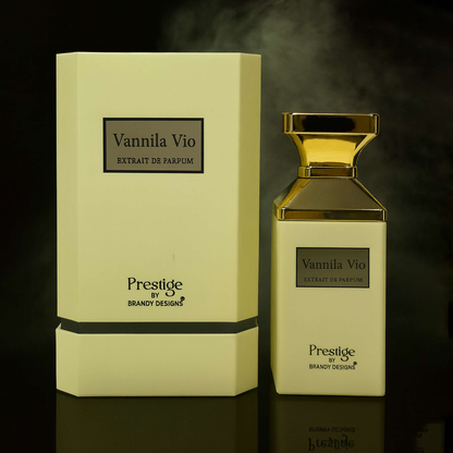 Vannila Vio perfume bottle and packaging on a dark background