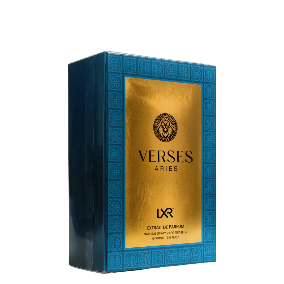 Verses Aries LXR perfume packaging with gold and blue design