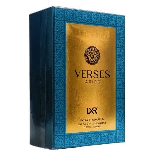 Verses Aries LXR perfume packaging with gold and blue design