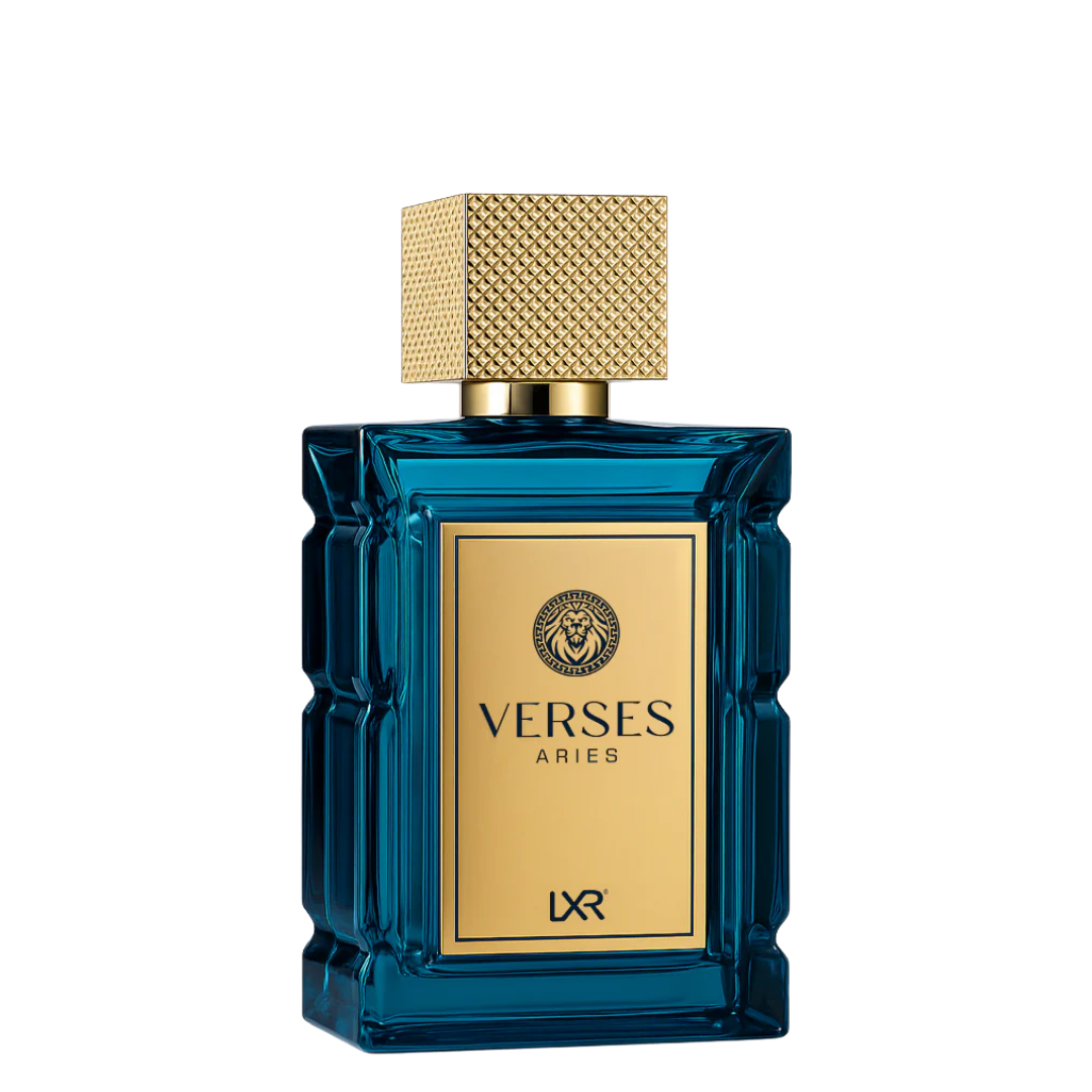 Blue perfume bottle with gold cap and label on a white background. Verses Aries by LXR Mens Perfume