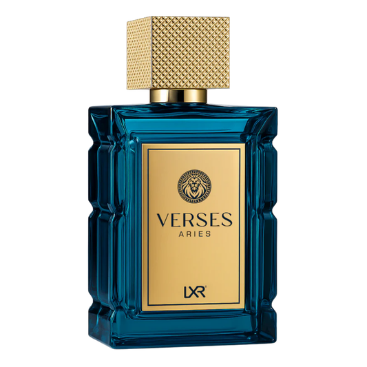 Blue perfume bottle with gold cap and label on a white background. Verses Aries by LXR Mens Perfume