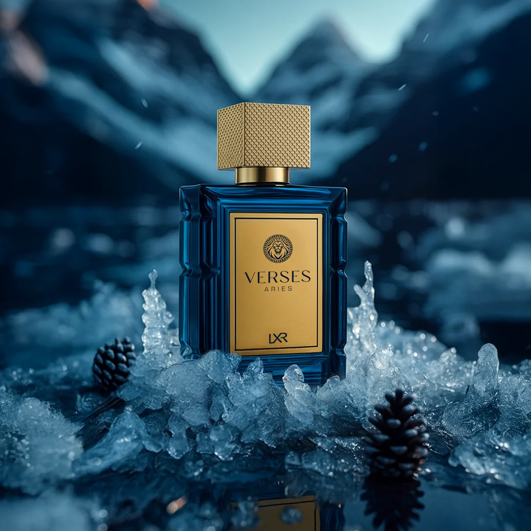 Verses perfume bottle with gold cap on a snowy mountain background. Verses Aries by LXR Mens Perfume