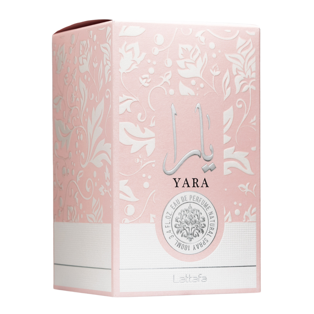 Clone / dupe of / inspired by Dior - Poison Girl women's fragrance. Lattafa Yara perfume box close-up with embossed floral details in pastel pink, reflecting soft and romantic scent profile.