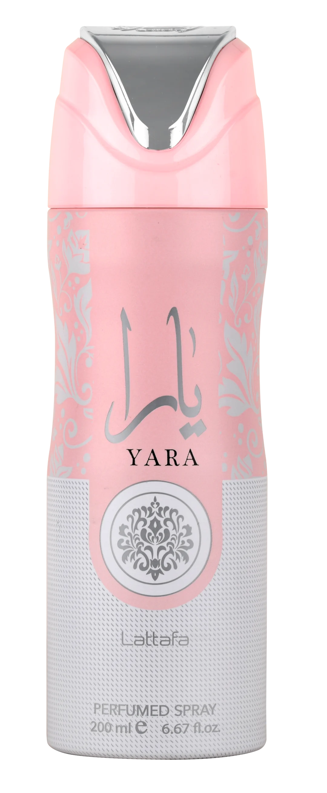 A bottle of Yara Eau de Parfum by Lattafa, featuring a pink hue with a silver-colored cap and label design. 