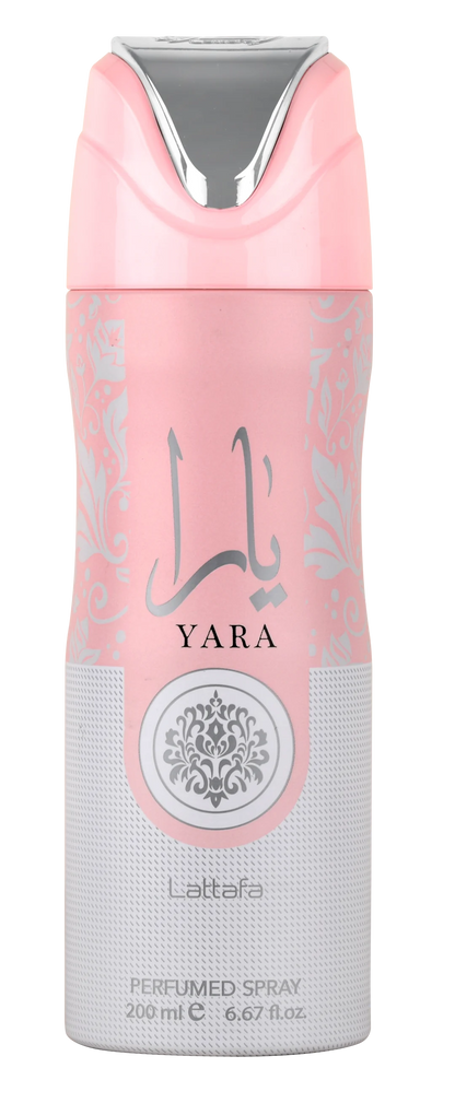 A bottle of Yara Eau de Parfum by Lattafa, featuring a pink hue with a silver-colored cap and label design. Clone / dupe of / inspired by Dior - Poison Girl luxury fragrance.