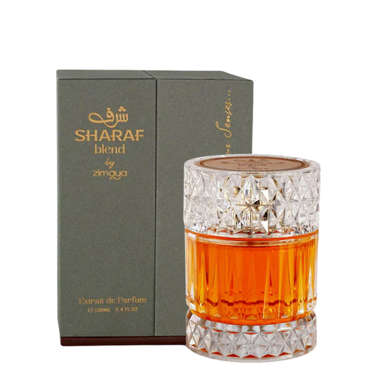 Sharaf blend by Zimaya perfume bottle with packaging on a white background