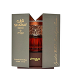 Zimaya Sharaf Blend Extrait de Parfum 100ml bottle inside an open presentation box