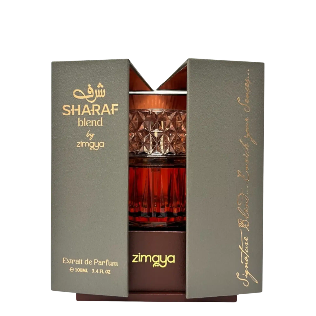 Zimaya Sharaf blend Extrait de Parfum packaging with glass bottle inside