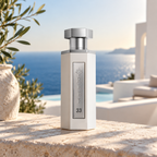 Reef 33 White perfume bottle on stone with a sea-view background.