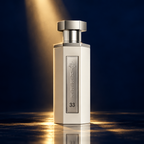 Reef 33 White perfume bottle in gold lighting against a dark blue background.