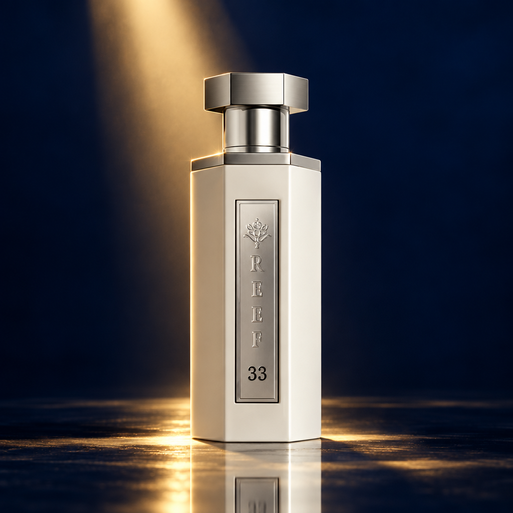 Reef: 33 White in a dramatic blue-and-gold studio