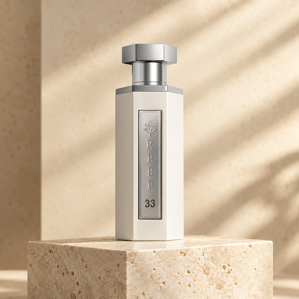 Reef 33 White perfume bottle on a stone plinth with sunlight and soft shadows.