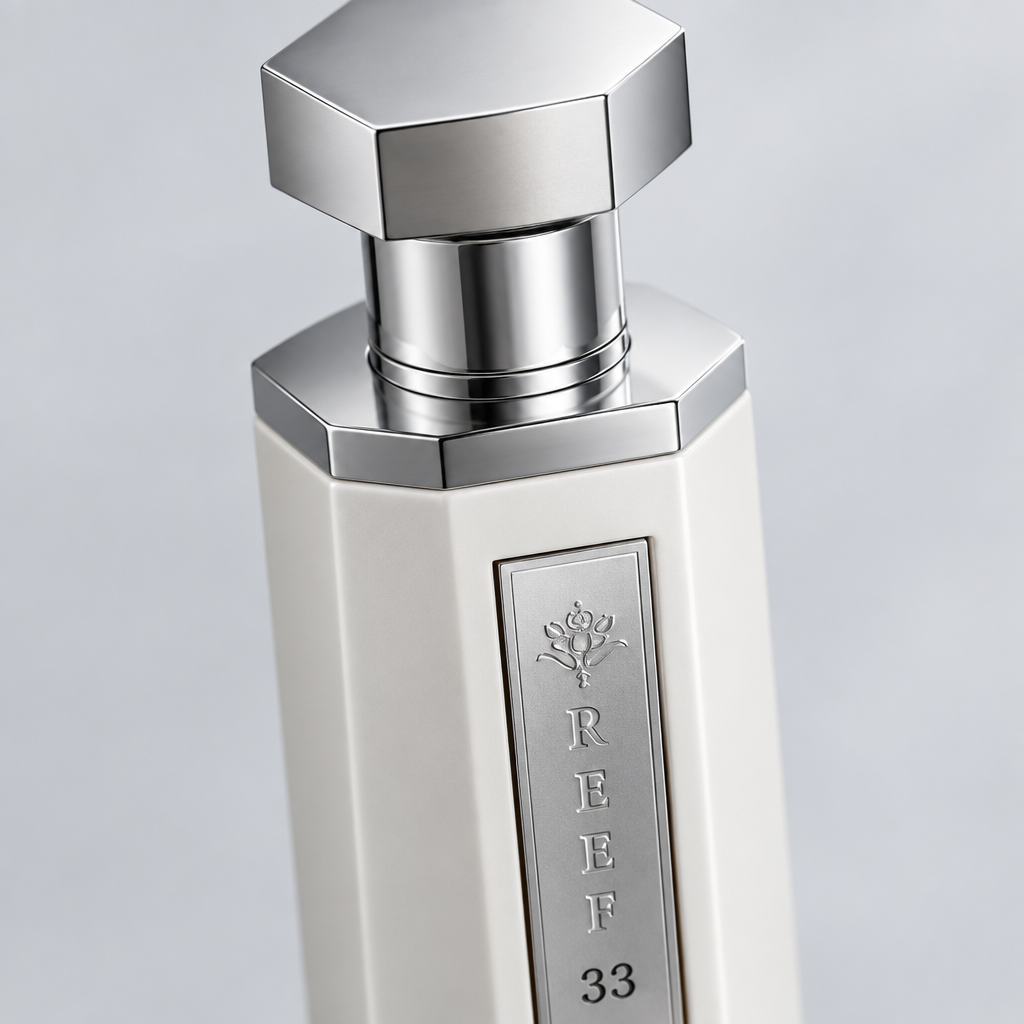 Reef 33 White overhead close-up of the silver cap and bottle shoulder.