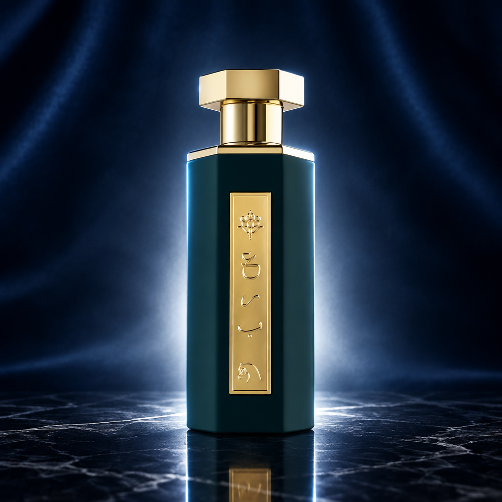 Reef Arabs of Obaiah perfume bottle on dark marble in blue studio lighting.