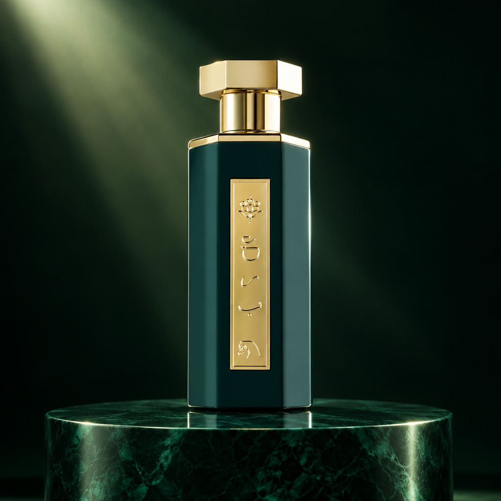 Reef Arabs of Obaiah perfume bottle on a green marble plinth in a dark setting.