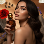 Model holding the Surrati Cuban Latte perfume bottle.