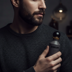 Model holding the Surrati Gray Oud perfume bottle.