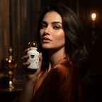 Model holding the Surrati Luxury Oud perfume bottle.