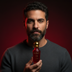 Model holding the Surrati Rosso Ombre perfume bottle.